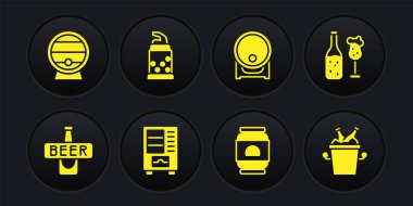 Bira şişesi, cam, satış makinesi, konserve kutusu, tahta fıçı, şişe açacağı, buz kovası ve ikon hazırla. Vektör