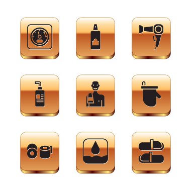 Sauna termometresi, tuvalet kağıdı rulosu, su damlası, saunadaki adam, krem veya losyon kozmetik tüpü, saç kurutma makinesi, terlik ve saç spreyi ikonu için sprey kutusu ayarla. Vektör