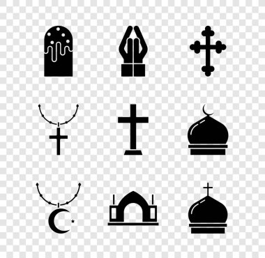 Paskalya pastası, dua pozisyonunda eller, Hristiyan haçı, yıldız hilal zinciri, Hindu ruhani tapınağı, kilise kulesi ve ikon. Vektör