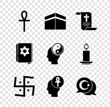 Haç Ankh, Kabe Camii, Kehanet, Kağıt, Parşömen, Parşömen, Parşömen, Hindu gamalı haçı, Yıldız ve Hilal, Yahudi torah kitabı ve Yin Yang ikonu. Vektör