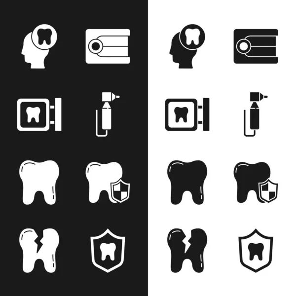 Set Taladro dental, ubicación de la clínica dental, cabeza humana con diente, modelo de prótesis dentales, protección e icono roto. Vector — Archivo Imágenes Vectoriales