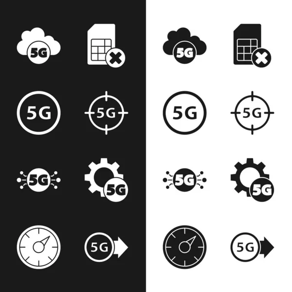 Set 5G network, Cloud, Sim card rejected, Setting, and Digital speed meter icon. Vector — ストックベクタ