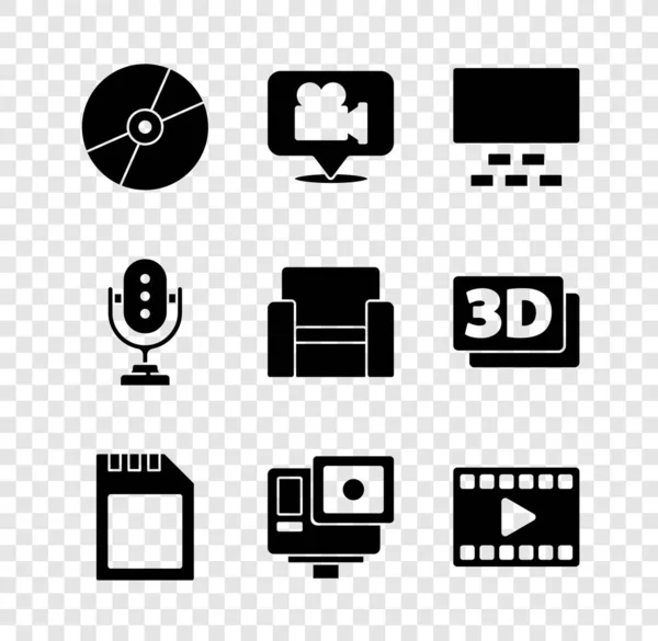 Set CD or DVD disk, Camera and location, Cinema auditorium with seats, SD card, Action extreme camera, Play Video, Microphone and chair icon. Vector — Vettoriale Stock