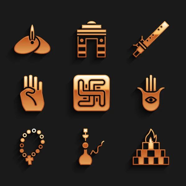 Σετ ινδουιστική σβάστικα, Hookah, Yagna, Hamsa χέρι, Ροζάριο χάντρες θρησκεία, ινδικό σύμβολο, Μπαμπού φλάουτο ινδικό και καλύμματα κεφαλής τουρμπάνι εικονίδιο. Διάνυσμα — Διανυσματικό Αρχείο