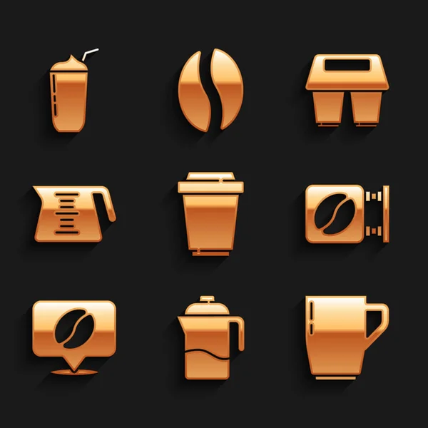 Set Coffee cup to go, French press, Street signboard coffee, Location with bean, pot, and Milkshake icon. Vector — Stock vektor