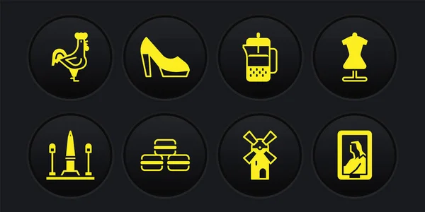 Set Place De La Concorde, Mannequin, Macaron cookie, Windmill, French press, Woman shoe, Portrait museum and rooster icon. Vector — Stockový vektor