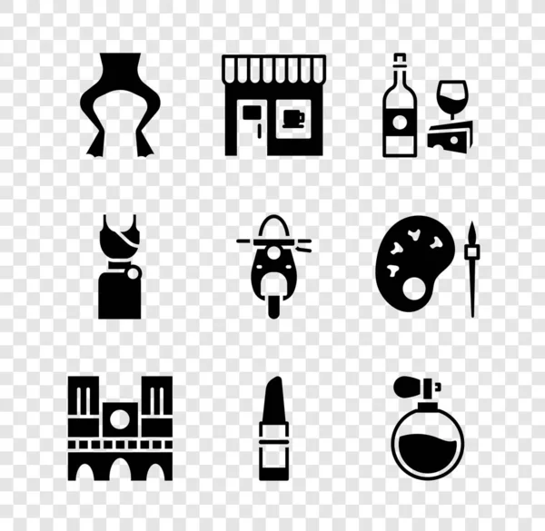 Set Frog legs, Coffee shop, Wine bottle with cheese, Notre Dame, Lipstick, Perfume, Woman dress and Scooter icon. Vector — Vetor de Stock