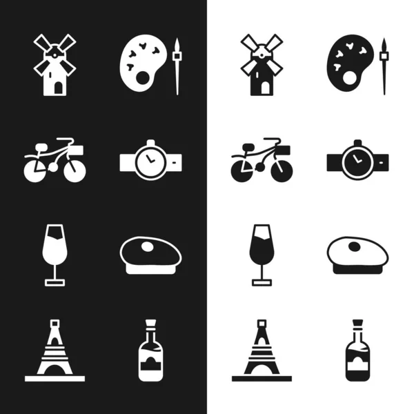Set Wrist watch, Bicycle, Windmill, Paint brush with palette, Wine glass, French beret, Bottles of wine and Eiffel tower icon. Vector — Vettoriale Stock