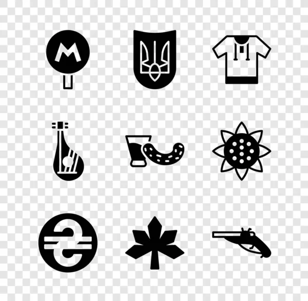 Set Metro or Underground, Ukrainian trident, Embroidered shirt, hryvnia, Chestnut leaf, Vintage pistols, Bandura and Glass with vodka icon. Vector — Wektor stockowy