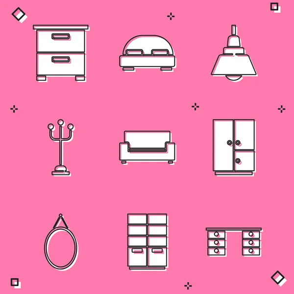 Set Muebles de mesa de noche, Cama grande, Lámpara de araña, Abrigo, Sofá, Armario, Espejo e icono. Vector — Vector de stock