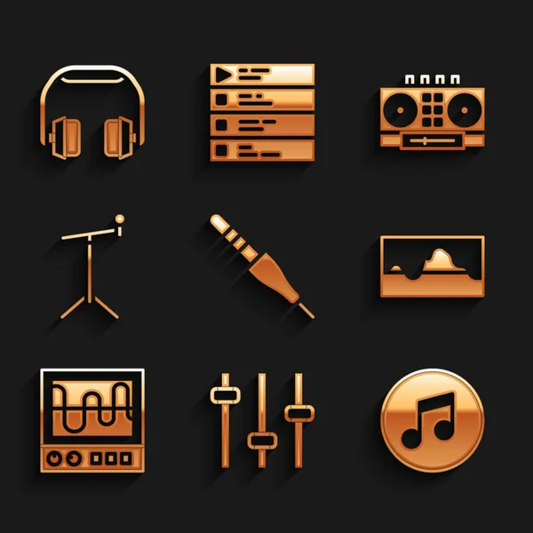Set Audio jack, Music equalizer, note, tone, wave, Oscilloscope, Microphone with stand, DJ remote mixing music and Headphones icon. Vector — Wektor stockowy