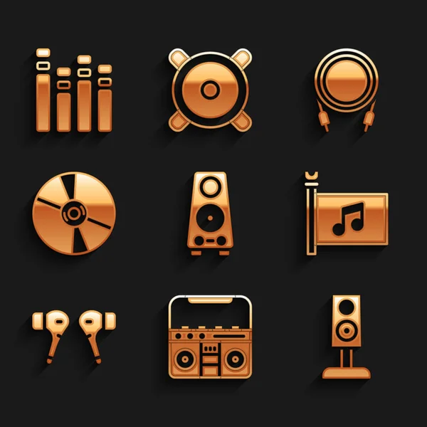 Set Stereo speaker, Home stereo with speakers, Music festival flag, Air headphones, CD or DVD disk, Audio jack and equalizer icon. Vector — Stock Vector