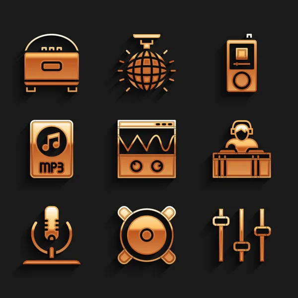 Set Oscilloscope, haut-parleur stéréo, égaliseur de musique, musique DJ, microphone, document de fichier MP3, lecteur et icône. Vecteur — Image vectorielle