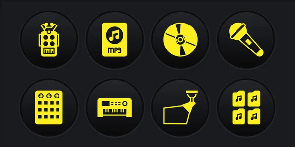 Set Drum machine, Microphone, Synthétiseur de musique, projecteur de film, CD ou DVD disque, document de fichier MP3, et icône. Vecteur — Image vectorielle