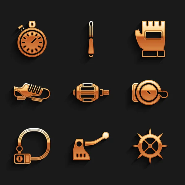 Set Bicycle pedal, brake, sprocket crank, bell, lock, shoes, Gloves and Stopwatch icon. Vector —  Vetores de Stock