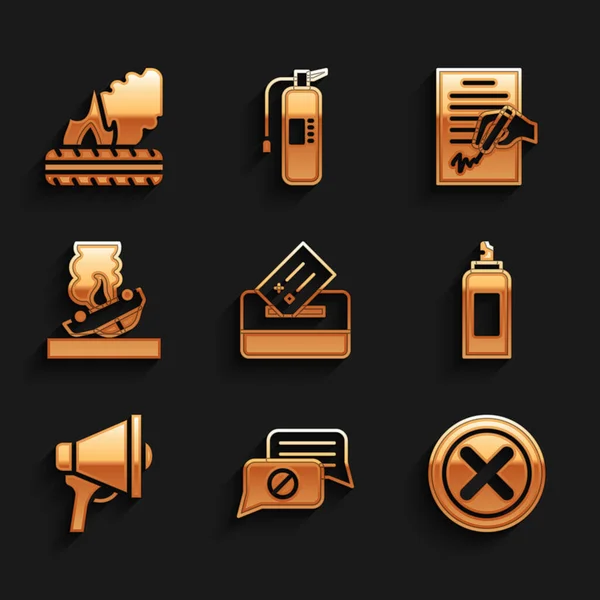 Set Vote box, Speech bubble chat, X Mark, Cross in circle, Paint spray can, Megaphone, Burning car, Petition and Lying burning tires icon. Vector —  Vetores de Stock