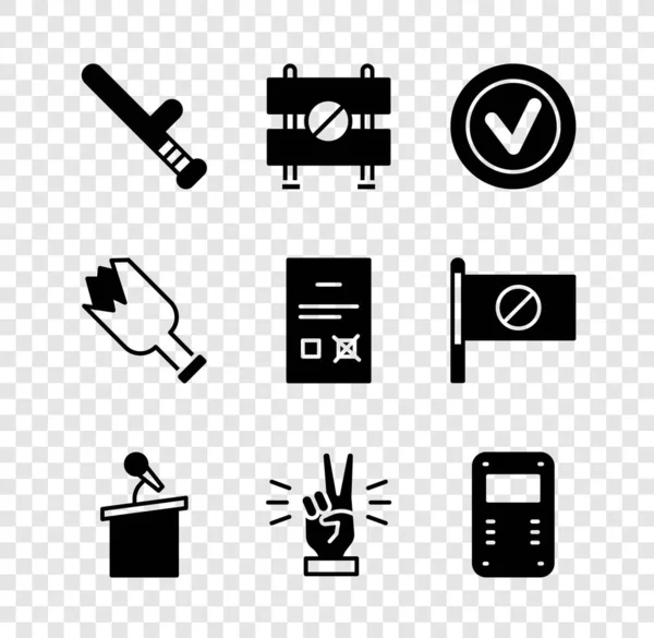 Set Polizei Gummiknüppel, Straßensperre, Häkchen in Runde, Ständer oder Tribüne, Hand mit zwei Fingern, Sturmschild, zerbrochene Flasche Waffe und Poll Dokument Symbol. Vektor — Stockvektor