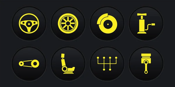 Conjunto de kit de correa de tiempo, bomba de aire del coche, asiento, cambio de marchas, disco de freno con pinza, rueda, pistón del motor y el icono de dirección. Vector — Vector de stock