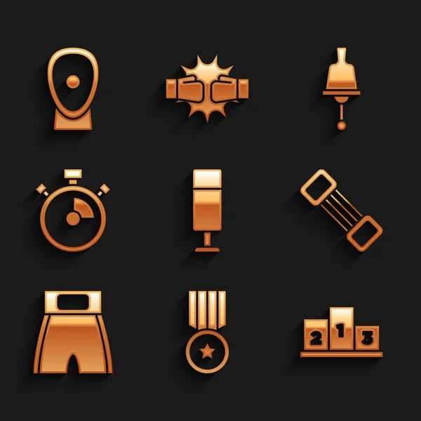 Set Boxsack, Medaille, Siegerpodest, Bruststrecker, Boxshort, Stoppuhr, Klingelglocke und Trainingspatzen-Symbol. Vektor — Stockvektor