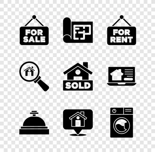 Set Hanging sign with For Sale, House plan, Rent, Hotel service bell, Location house, Washer, Search and text Sold icon. Vector — Stock Vector