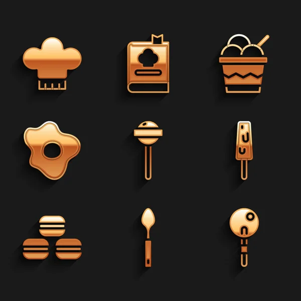 Set Lollipop, Spoon, Ice cream, Macaron cookie, Scrambled eggs, in bowl and Chef hat icon. Vector — Stock Vector