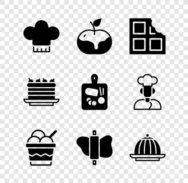 Set Chef hat, Apple in caramel, Chocolate bar, Ice cream bowl, Rolling pin on tough, Pudding custard, Cake and Cutting board icon. Вектор — стоковий вектор