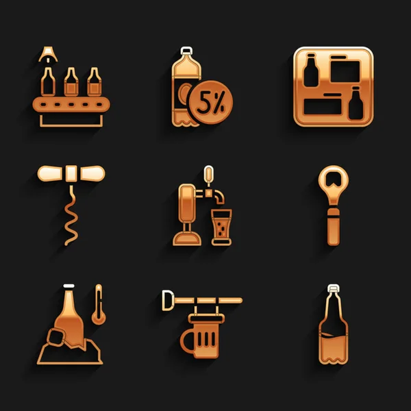 Set Grifo de cerveza con vidrio, Letrero de cerveza, Botella de plástico, Abridor de botellas, Frío, Sacacorchos de vino, menú y banda transportadora, icono. Vector — Vector de stock