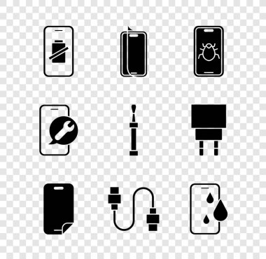 Akıllı telefon şarjı, cam ekran koruyucusu, sistem böcek mobil, USB kablo kablosu, su geçirmez, mobil servis ve tornavida simgesini ayarla. Vektör