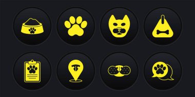 Klinik kayıt evcil hayvanı, köpek tasması, kedi burnu, pençe izi ve evcil hayvan yemek kasesi ikonu. Vektör