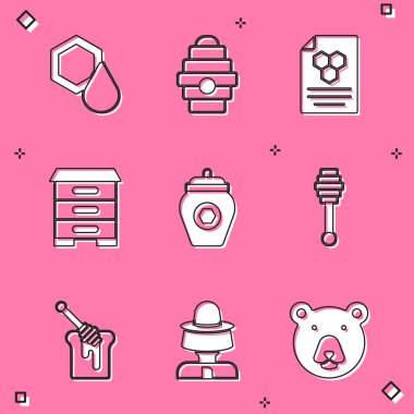 Bal Tarağı, Arılar için Kovan, Bal kavanozu, Dipper çubuğu, ve Arıcı şapka ikonu. Vektör