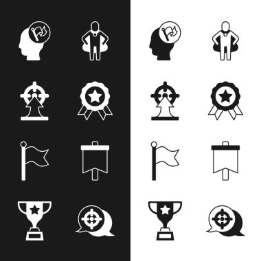 Madalya, hedef, el ele tutuşan bayrak, kafa avcılığı, bayrak ve ödül kupa ikonu. Vektör