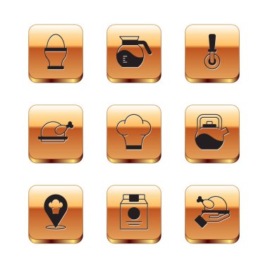 Tavuk yumurtası standa, yeri belli şef şapkası online sipariş teslimatı, kızarmış hindi tavuk, pizza bıçağı ve kahve demliği ikonu. Vektör