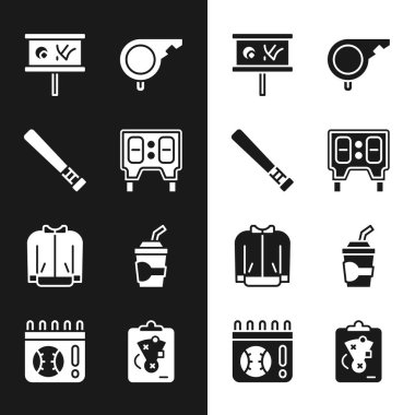Beyzbol mekanik skorbordu, sopa, planlama stratejisi, ıslık, tişört, su dolu kağıt bardak ve takvim beyzbol ikonu. Vektör