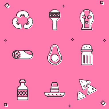 Set Beans, Maracas, Meksikalı güreşçi, Burrito, Avokado meyvesi, Tuz, tekila şişesi ve sombrero ikonu. Vektör