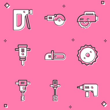 Yapı zımbası, açılı öğütücü, elektrikli testere, matkap, testere, dairesel bıçak, elektrikli el betonu karıştırıcı ve ikon. Vektör