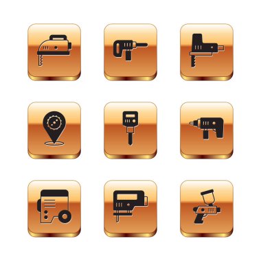 Elektrik testeresi, elektrik jeneratörü, inşaat matkabı, dairesel bıçak, boya sprey tabancası ve matkap ikonu. Vektör