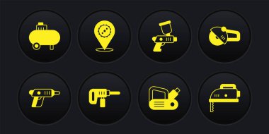 Elektrik kablosuz tornavida, açılı öğütücü, matkap makinesi, planer aleti, boya tabancası, testere bıçağı, yapboz ve hava kompresör ikonu. Vektör