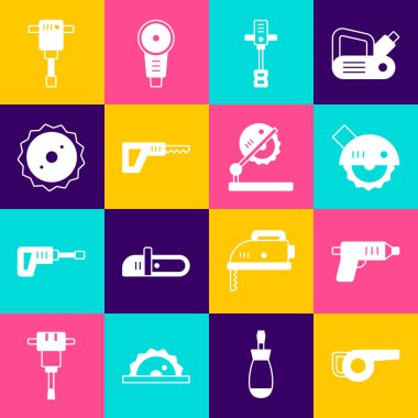 Yaprak üfleyici, elektrik kablosuz tornavida, elektrikli el testeresi, beton karıştırıcı, proproprodüksiyon, dairesel bıçak, ahşap ikon için inşaat matkabı ve masa. Vektör