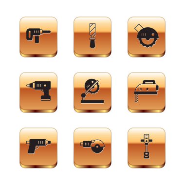 Elektrikli matkap, kablosuz tornavida, açılı öğütücü, tahta testeresi, dairesel, elektronik el beton karıştırıcı ve Rasp metal dosya simgesi. Vektör