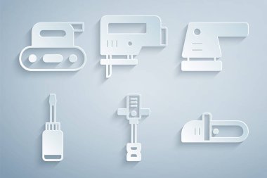 Elektrikli el yapımı beton karıştırıcı, zımpara makinesi, tornavida, testere, yapboz ve planör ikonunu ayarla. Vektör