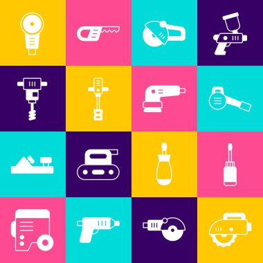 Elektrikli testere, tornavida, Yaprak üfleyici, Açı öğütücü, Elektrikli el betonu karıştırıcı ve zımpara makinesi. Vektör