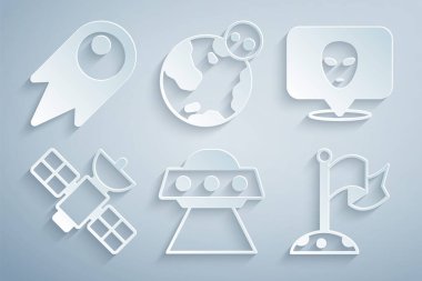 UFO uçan uzay gemisi, Yaratık, Uydu, Bayrak taşıyan Ay, Dünya küresi ve Kuyruklu Yıldız ikonu. Vektör