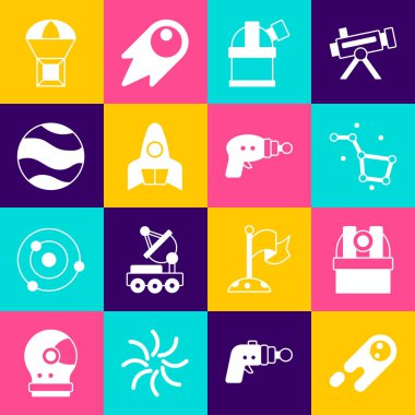 Kuyrukluyıldızın hızla düşmesi, Astronomik Gözlemevi, Büyük Ayı takımyıldızı, Roket gemisi, Gezegen, Kutu Uçan Paraşüt ve Ray silahı ikonu. Vektör