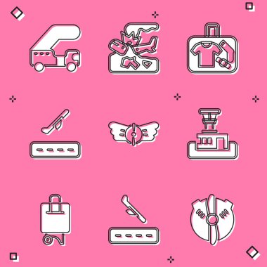 Yolcu merdiveni, uçak kazası, bavul, kalkış, havacılık amblemi, havalimanı kontrol kulesi ve iniş ikonu ayarlayın. Vektör