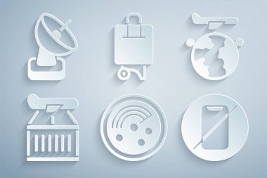 Radar 'ı hedeflerle monitörde, Globe uçağıyla, uçakla, cep telefonuyla, bavulla ve ikonla ayarla. Vektör