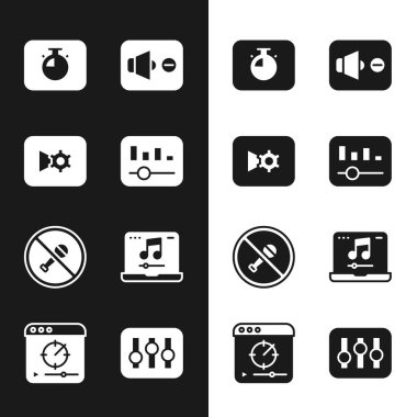 Müzik eşitleyicisini ayarla, ya da video ayarları, Stopwatch, Hoparlör, Dilsiz mikrofon, Müzikli Laptop, Ses Karıştırıcı denetleyici ve Çevrimiçi çalma simgesi. Vektör