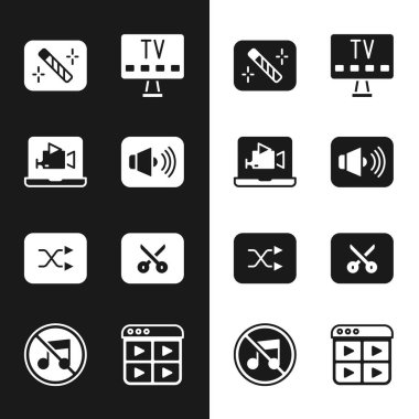 Hoparlör sesi, Çevrimiçi çalma videosu, Fotoğraf rötuşlama, Akıllı TV, Ok karıştırma, Müzik veya düzenleme, çalma listesi ve sessiz simge ayarlayın. Vektör