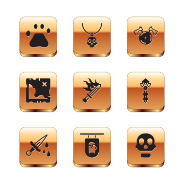 Ayı pençesi ayak izi, Kanlı Kılıç, Sokak tabelası Bar, oyun için Korsan hazine haritası, Ortaçağ kalkanı baltası, Kafatası ve Kolye ikonu. Vektör