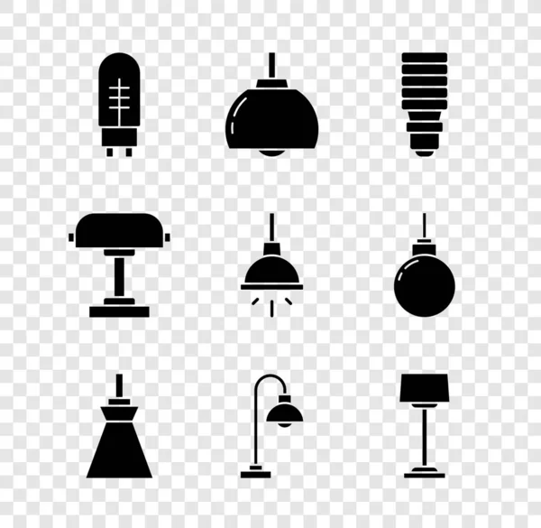 Встановіть світловий випромінюючий діод, люстру, світлодіодну лампочку, висячу лампу, торшер, стіл та іконку. Векторні — стоковий вектор
