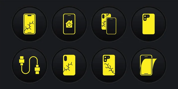 Set cordon de câble USB, Smartphone, Mobile avec écran cassé, maison intelligente, Protecteur en verre et icône. Vecteur — Image vectorielle